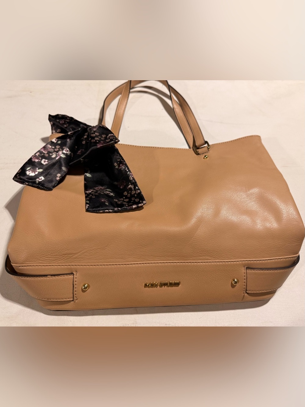 Max Studio Tan Leather Tote with Black Floral Scarf